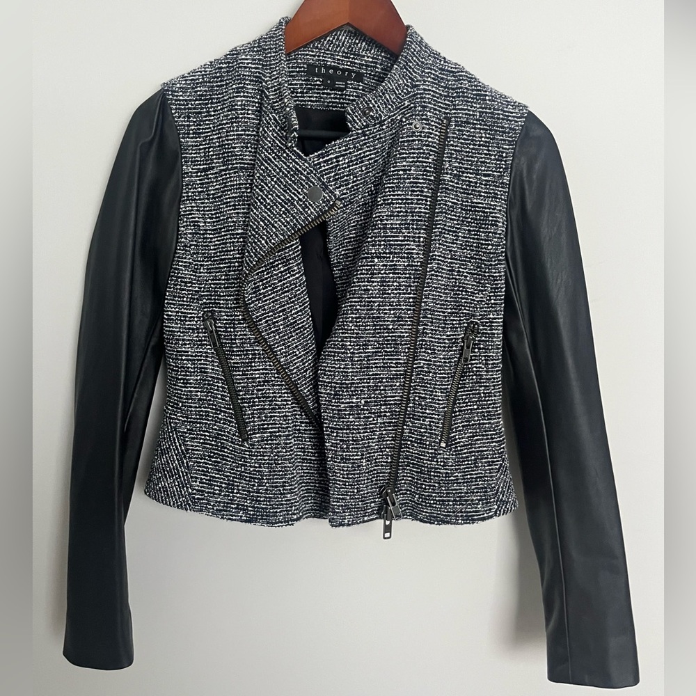 Theory Tweed Moto Jacket with Leather Sleeves